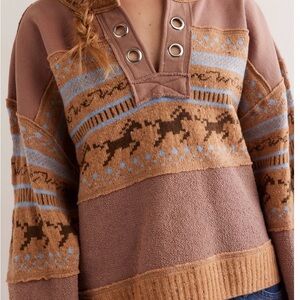 We The Free Brown and Blue V-Neck Sweater NWT